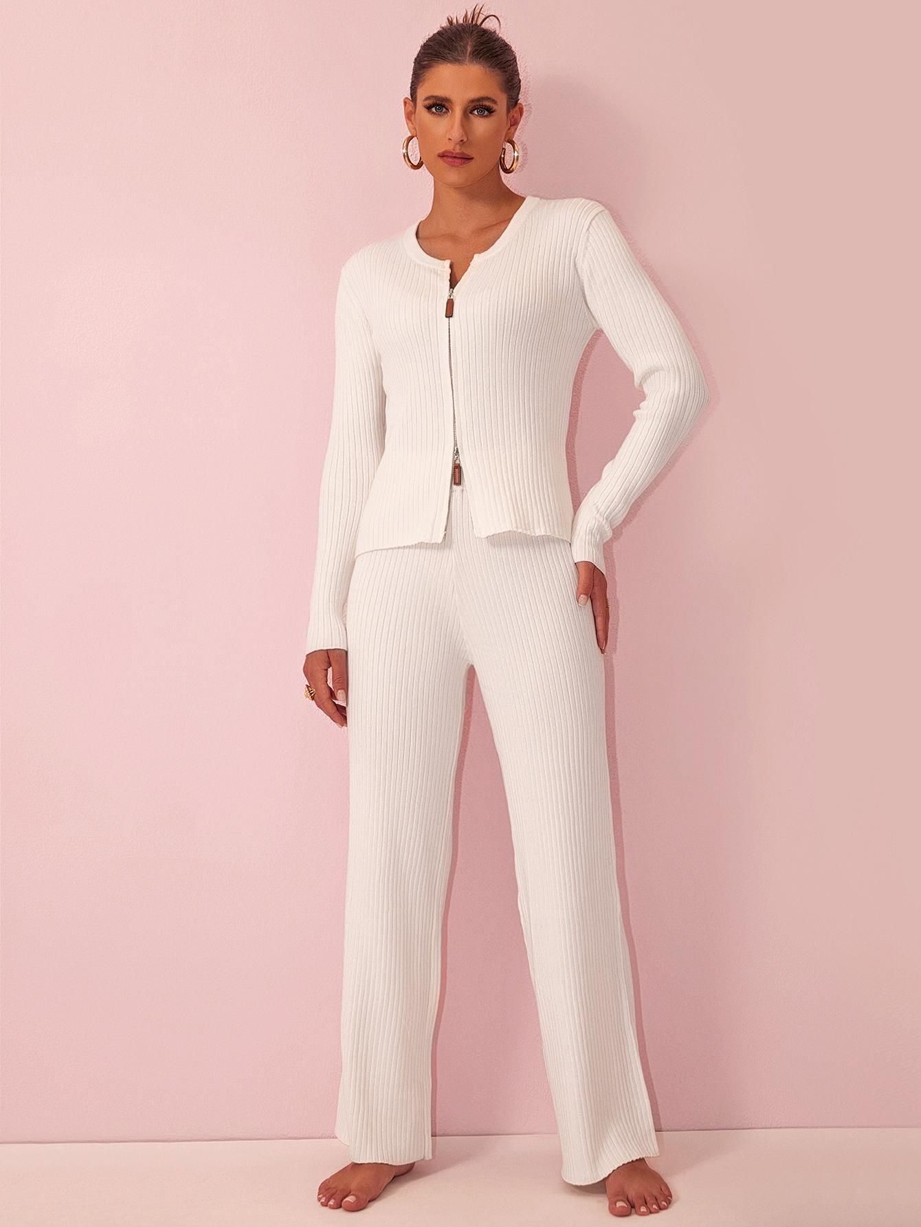 Joyfunear Women's Casual Solid Color Ribbed Knit Zip-Up Cardigan & Wide-Leg Pants Set - Adjustable Fit, Long Sleeves, Loungewear