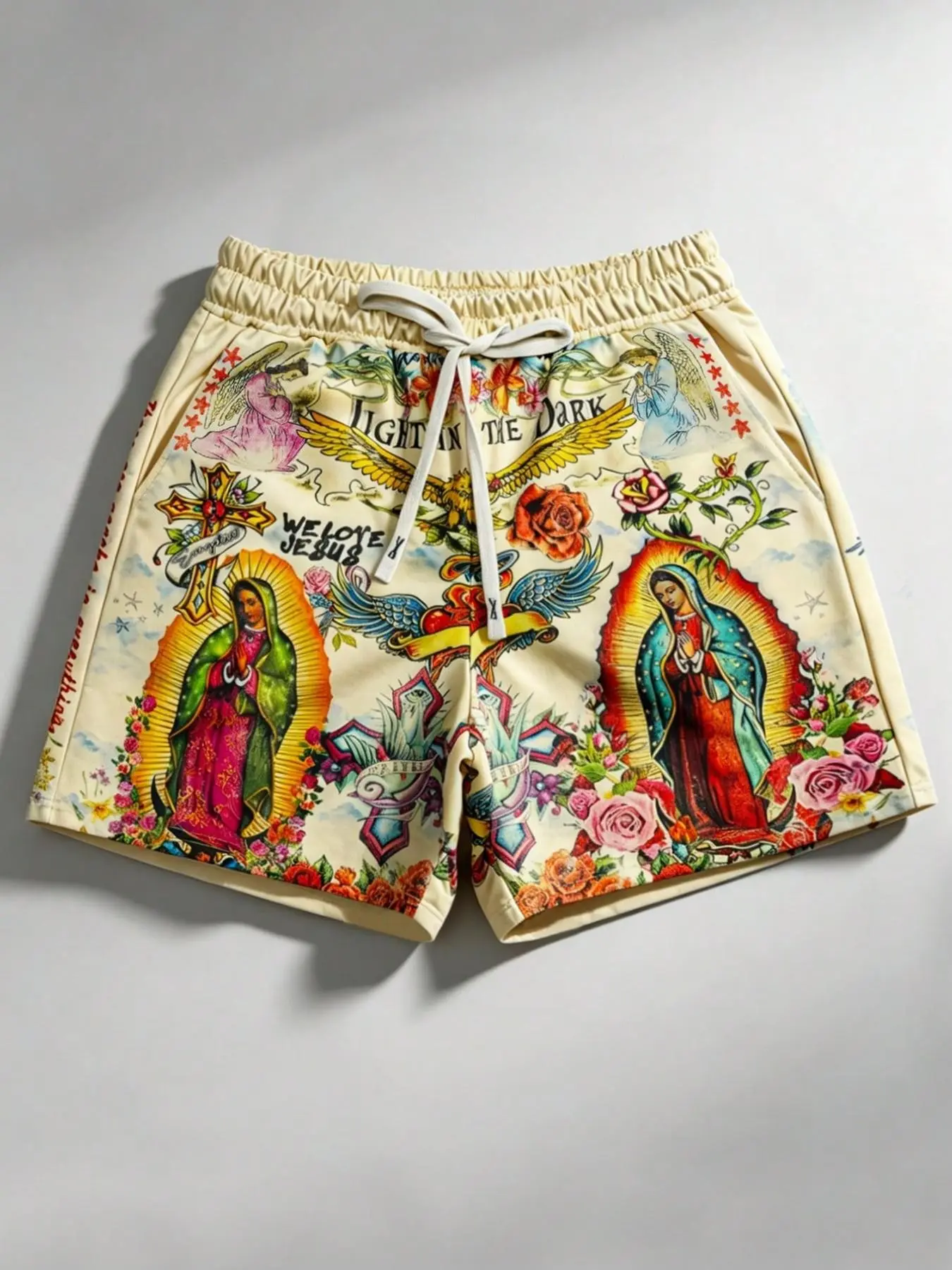 2026 Virgin Mary Trendy Cool Shorts for Men and Women, Cross Vintage Style, Doing Old Sports Men's Shorts, Street Style, Guadalupe Virgin Rose Eagle Religious Totem Full Print Drawstring Waist Men's Shorts, Loose Daily Casual, Street Hip Hop Y2k