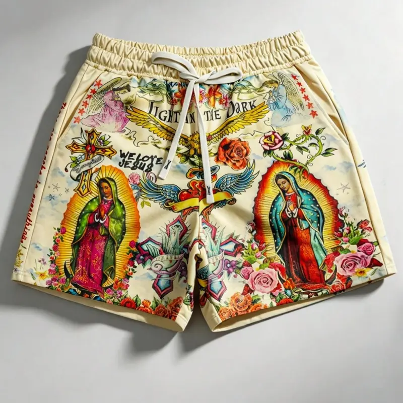 2026 Trendy Virgin Mary Loose Fit Shorts for Men and Women, Cross Vintage Street Style, Guadalupe Virgin Rose Eagle Religious All Over Print Drawstring Waist Shorts, Hip Hop Y2K Casual Shorts for Daily Wear