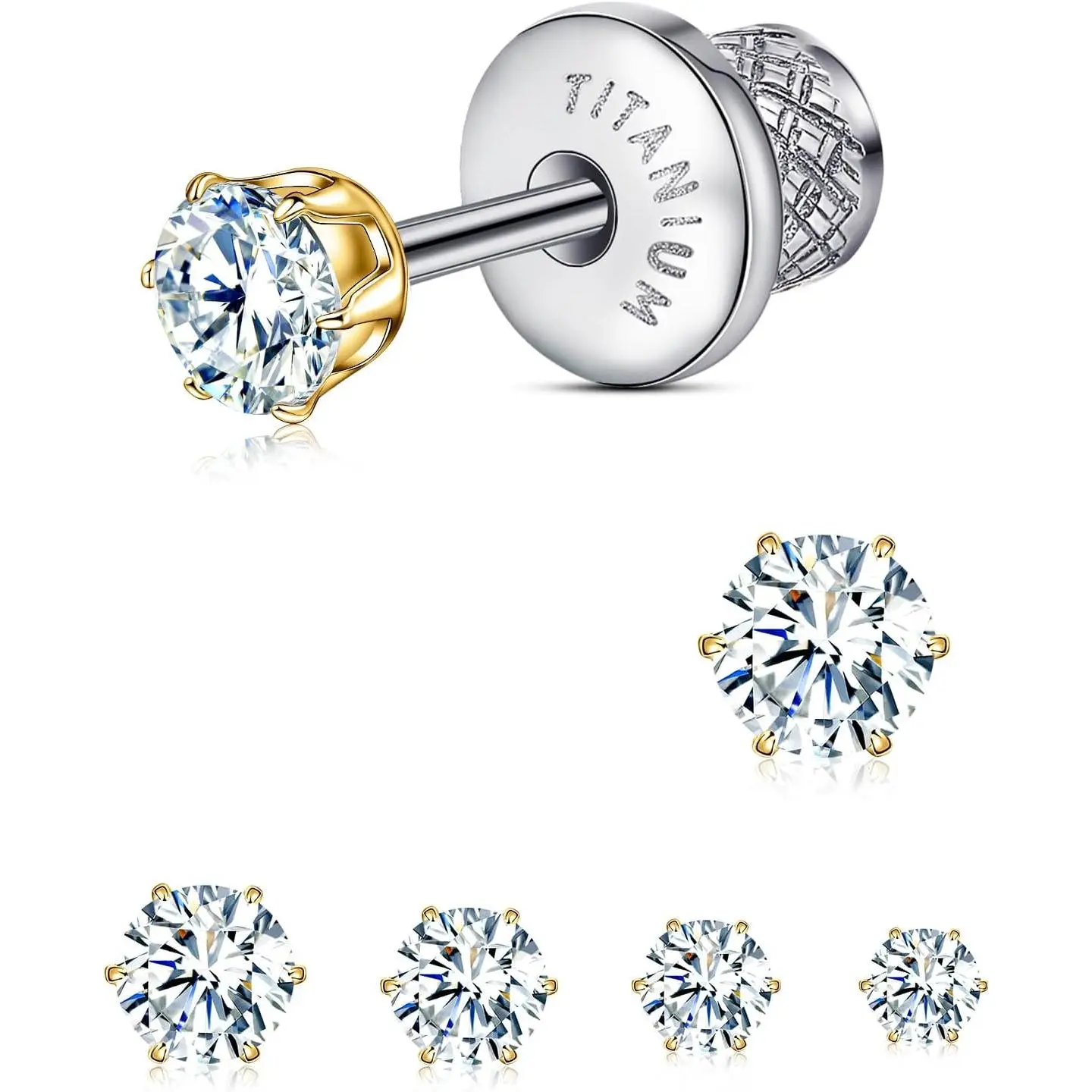 Titanium Flat  Earrings – 6 Prong White CZ Screw  Studs | Implant Grade Titanium for  Ears | Nickel-Free, -Free Sleep & Shower Wear | Stylish  for Women and Men