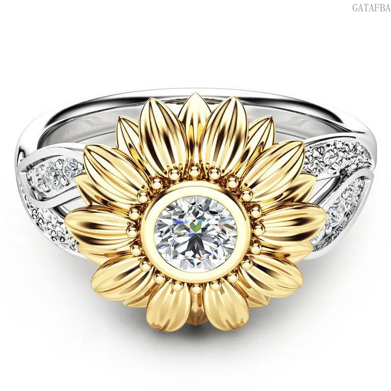 Viral Two-Tone Sunflower Split Shank Rings for Women, Sparkling Inlaid Zircon Diamond Band, Trendy Daily Stackable Jewelry for Dating Party Casual Wear