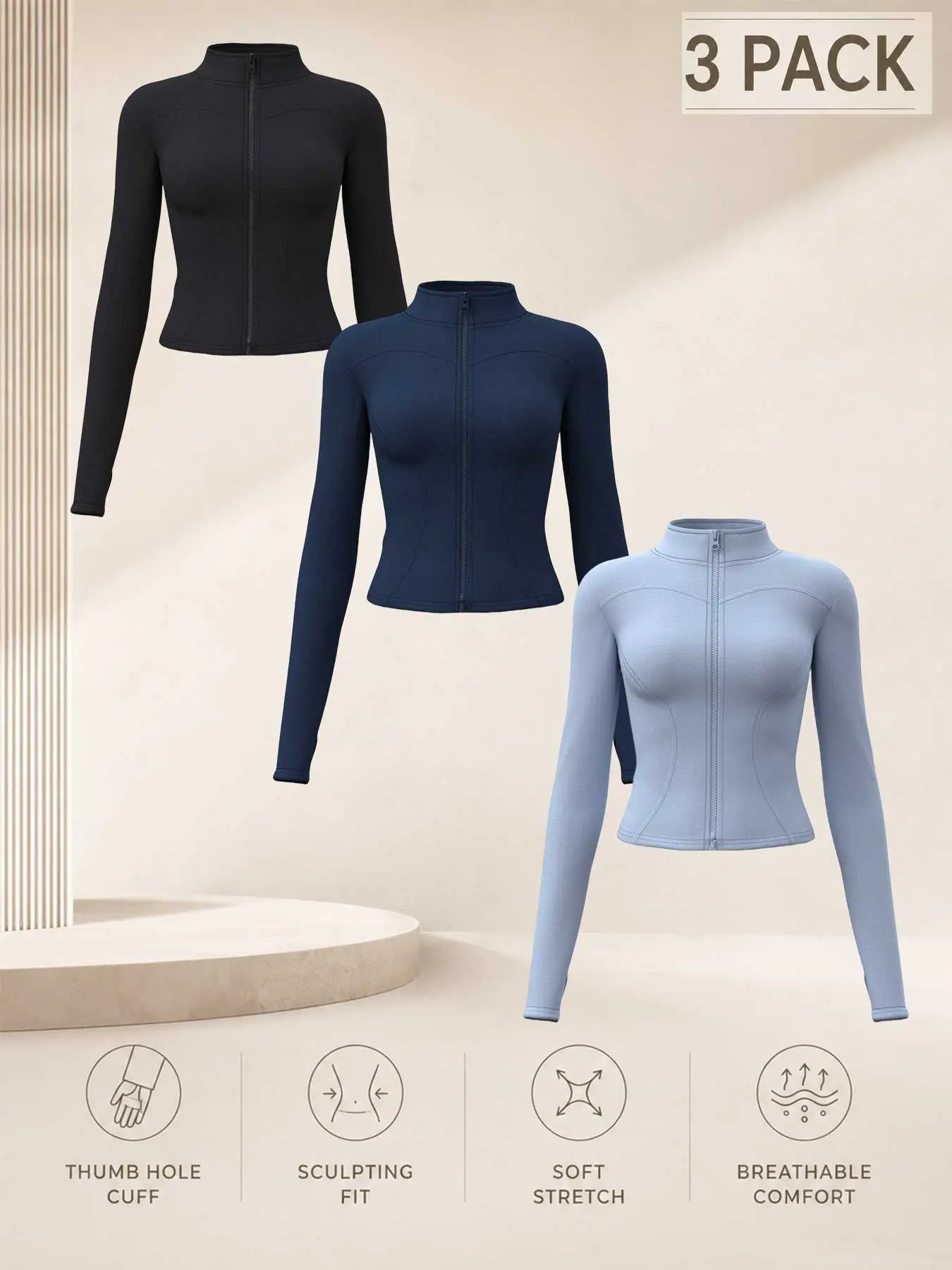 Women Zip Up Jacket, High Elastic Stand Collar Long Sleeve Coat With Thumb Holes, Slim Breathable Yoga Fitness Top, Plus Sizes S-XXXL, Size Up For A Comfy Loose Fit