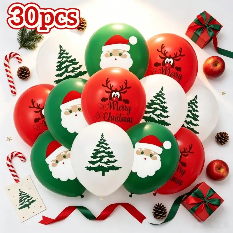 30pcs Christmas Latex Balloons, //, Santa Claus, Reindeer, Tree, Merry Christmas, Holiday Party Decorations