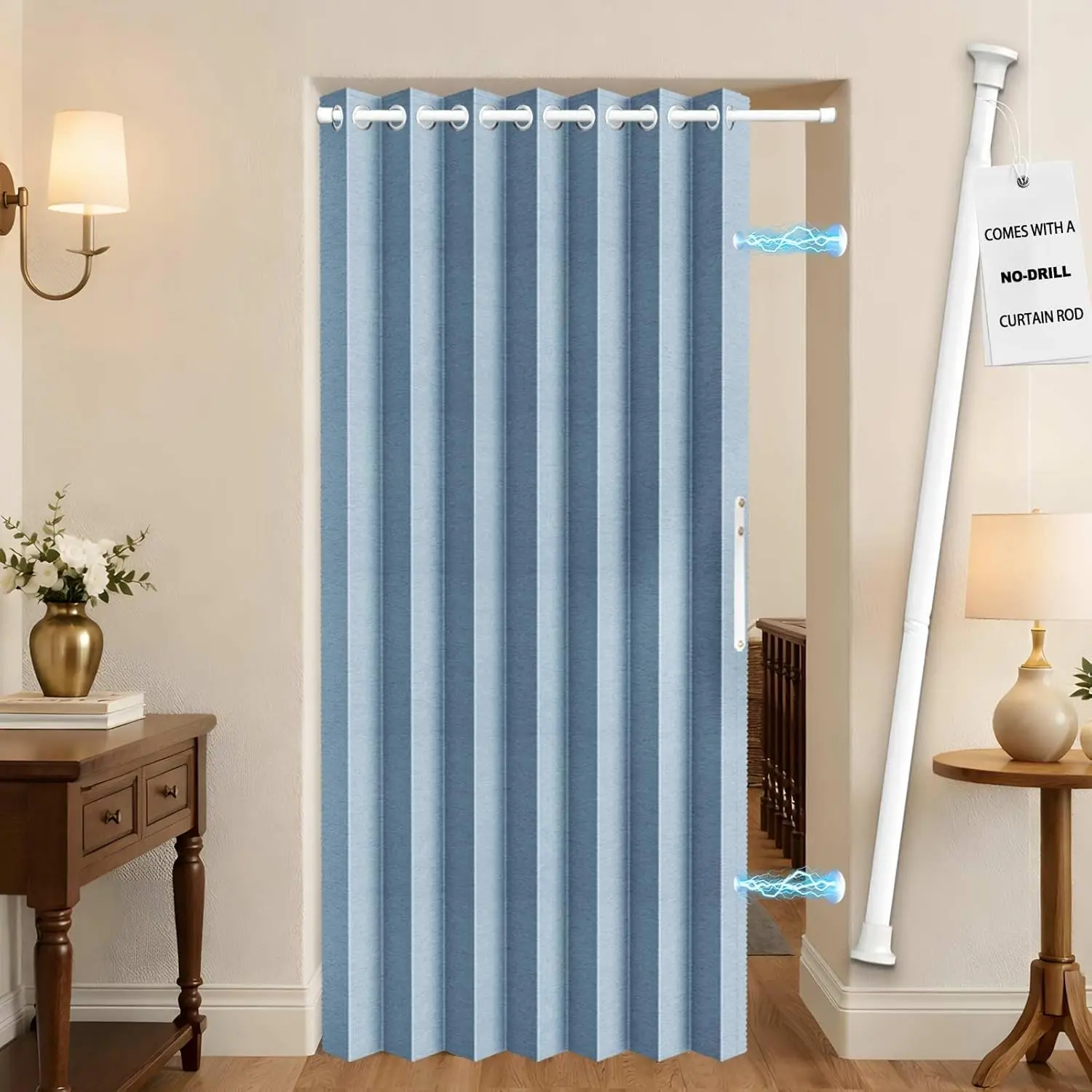 Blackout Door Sets Included Rod for Closet Doors, No-Folding Door Cover, Accordion Doors Privacy Screen for Bedroom(1 Pack, 45 W x 80 L, Blue)