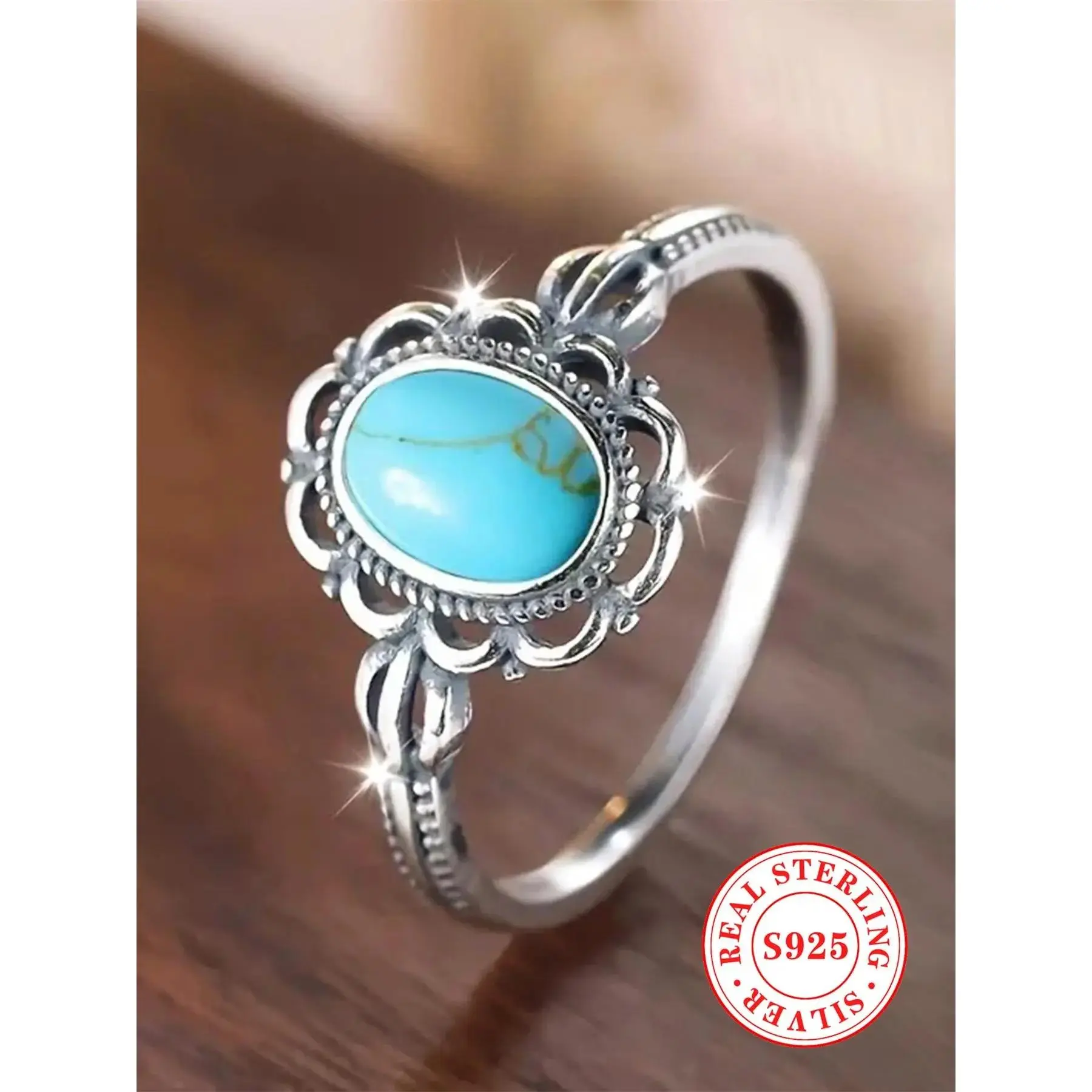 S925 Sterling Silver Vintage Style Turquoise Decoration Ring As Gifts, Fashion Jewelry Back To School, Promise Vintage Ring Jewelry for Birthday Gift, with Box Promise Ring for Gf