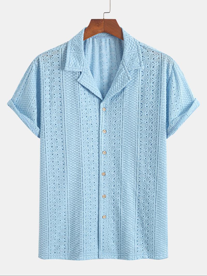 Men's Geometric Jacquard Short Sleeve Casual Party Shirt, Loose Casual Comfy Breathable Top for Summer, Men's Clothes for Daily Wear, Tropical