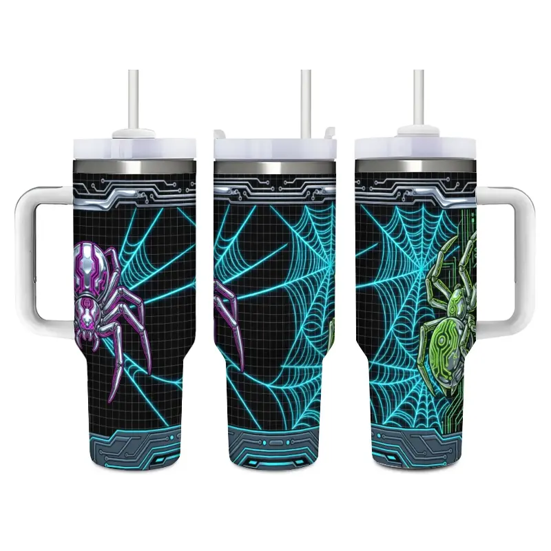 Cyberpunk Robot Spider Stainless Steel Insulated Vacuum Flask - Insulated Cup, Straight Body Beverage Tumbler with Lid, Sturdy Lightweight Portable Travel-Office Coffee Holder, Neon Tech Circuit Board, Hot/Cold Drinks, Cool Gift for Tech Fans, Leak-Proof