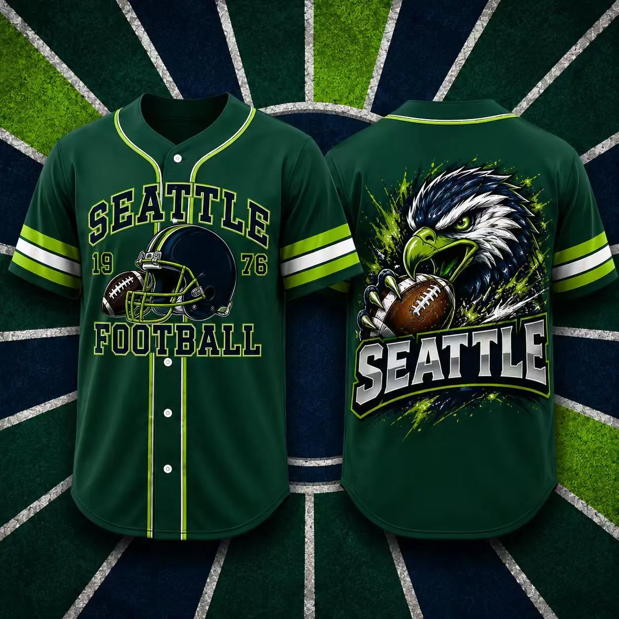 Men's Seattle Football Jersey Shirt, Green Button Down Fan Shirt with Helmet and Hawk Graphic, Short Sleeve Game Day Outfit for Men, Seattle Streetwear Baseball Style Shirt, Tailgate Party Wear, Football Fan Gift and Casual Jersey Tee, Sports Fan Top