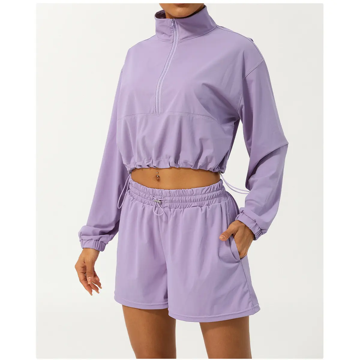 Summer sports sun protection clothing for women, long-sleeved UV protection top, quick-dry breathable shorts, casual sun protection two-piece set