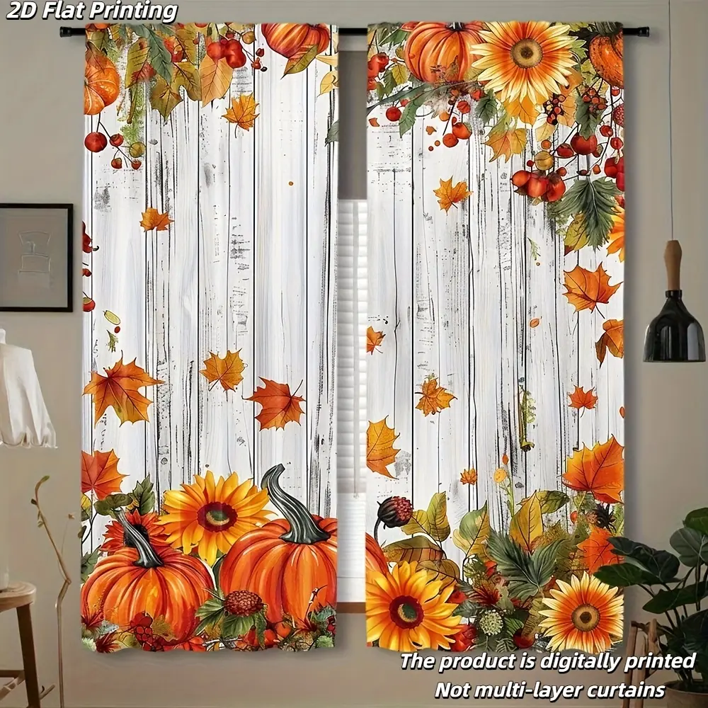 2-Pack, Fall Harvest Sunflower and Pumpkin Print Curtains - Rustic Vintage Wood Panel Design with Maple Leaves and Berries, Translucent, Suitable for Bed Room Living Room Kitchen Office Home Decor, Fall Thanksgiving Decor.