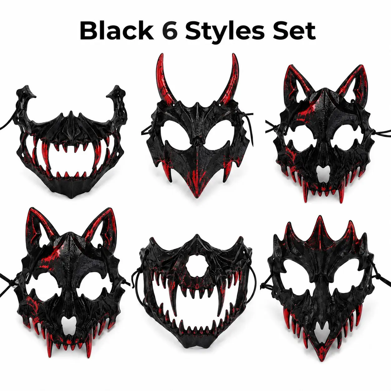 6pcs Halloween Animal Skull Mask Set, Gothic Demon Bone Face Masks, Horned Wolf Dragon Fanged Designs, Horror Cosplay Costume Accessories for Adults
