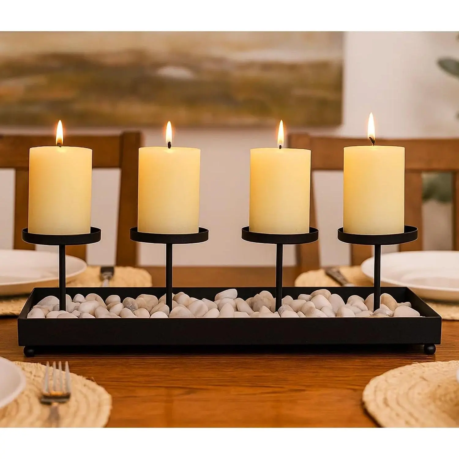 Black Iron 4-Pillar Candelabra, Elegant Tabletop Candle Holder Centerpiece for Weddings, Dining, Parties & Home Decor