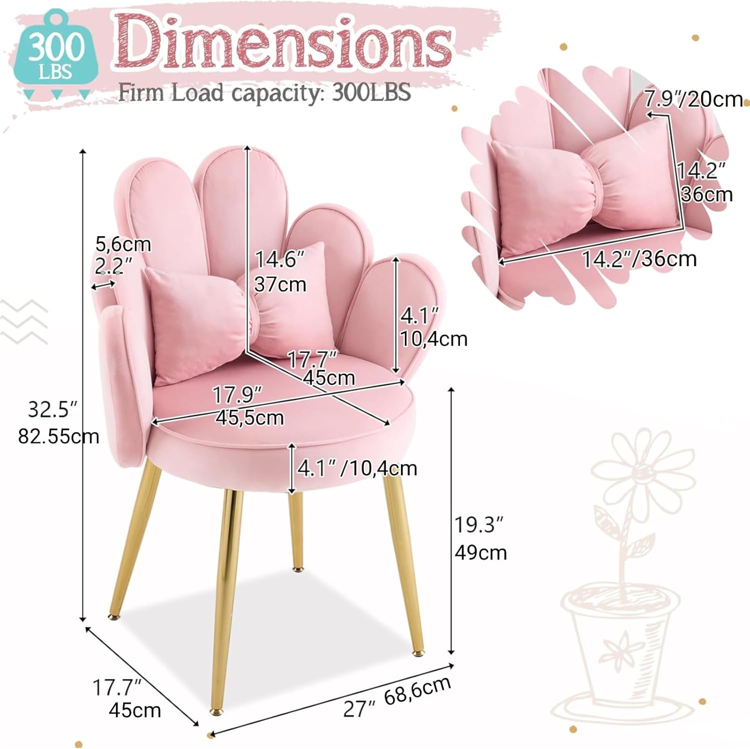 VINGLI Dressing Table Chair with Petal Backrest, Living Room Armchair, Reading Chair with Bow Cushion VINGLI Dressing Table Chair with Petal Backrest, Living Room Armchair, Reading Chair with Bow Cushion