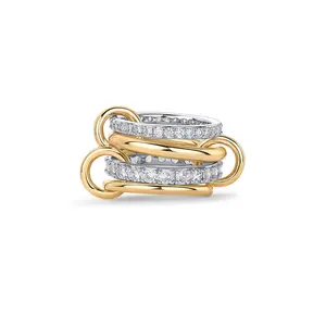 14K Gold Plated Interlocked Stackable Statement Ring for Women – Chunky Multi-Band Double & Triple Ring, Two-Tone Mixed Metals with Cubic Zirconia