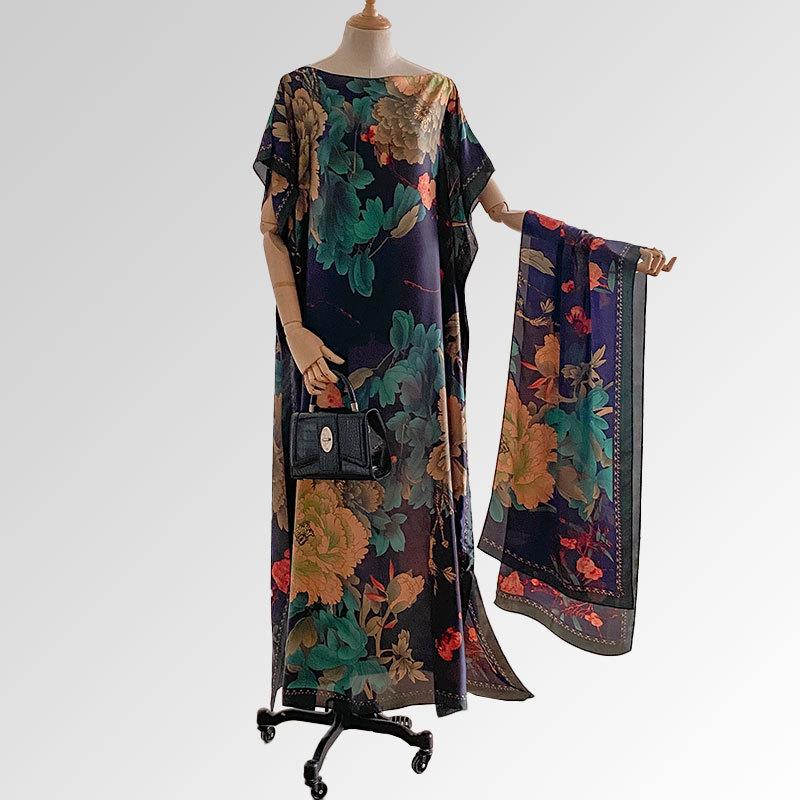 Women's Floral Print Long Dress & Scarf Set,Boho Casual Shawl Dress & Scarf Set for BeachVacation Holiday, Ladies Clothes for AllSeasons