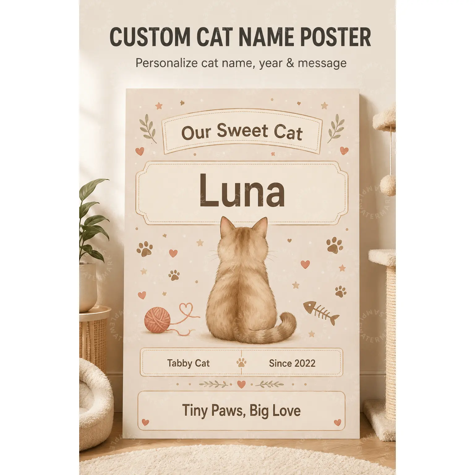 Custom Cat Name Poster, Personalized Pet Wall Art, Beige Sweet Cat Decor, Cat Lover Aesthetic Poster, Bedroom Living Room Office Wall Decor, Nursery Room Decor, Pet Owner Gift