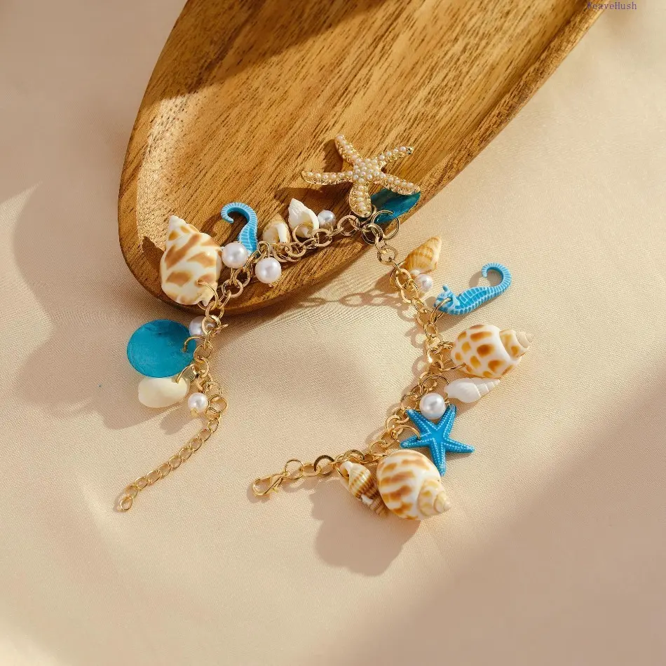 Women's Ocean-inspired Bag Charm, Bohemian DIY Beach Accessory with Seashell and Starfish Charms on a Natural Conch Chain Bracelet, Seashells Stars, Travel, No, Wrist Jewelry, Tropical Diy Bag Accessories