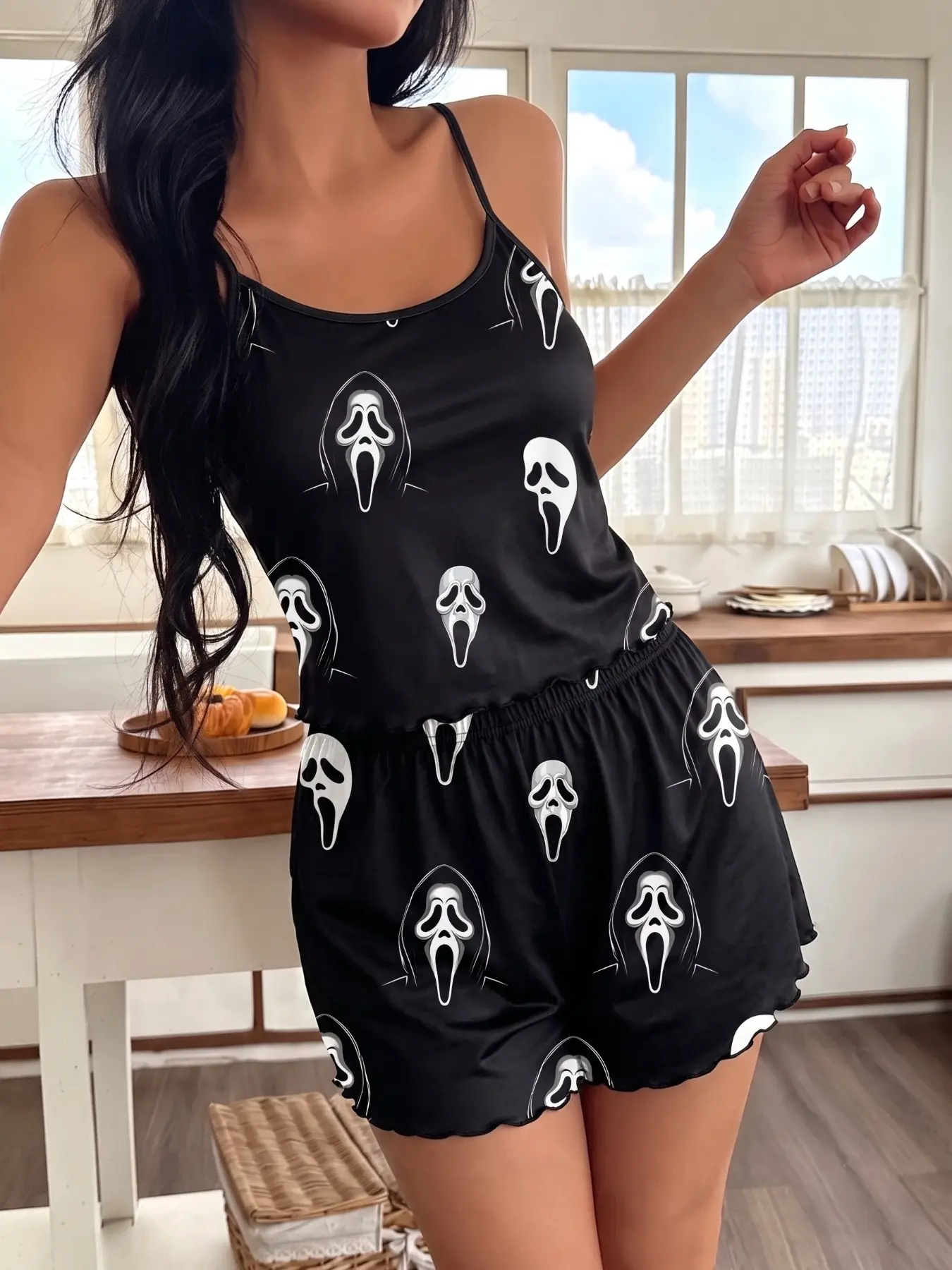 Women's Casual Halloween Ghost Face Print Sleeveless Pajama Set, Comfortable Home Wear for Daily Use and Relaxing Nights