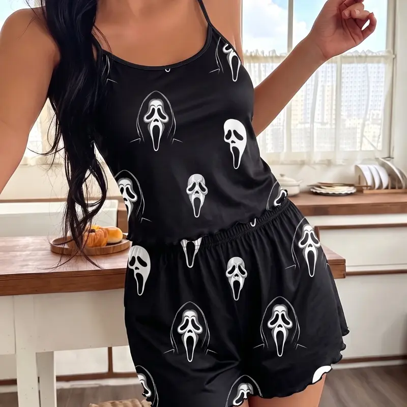 Women's Casual Halloween Ghost Pajama Set, Cherry Bow Print Sleeveless Sleepwear, Comfortable Home Wear for Daily Use and Relaxing Nights