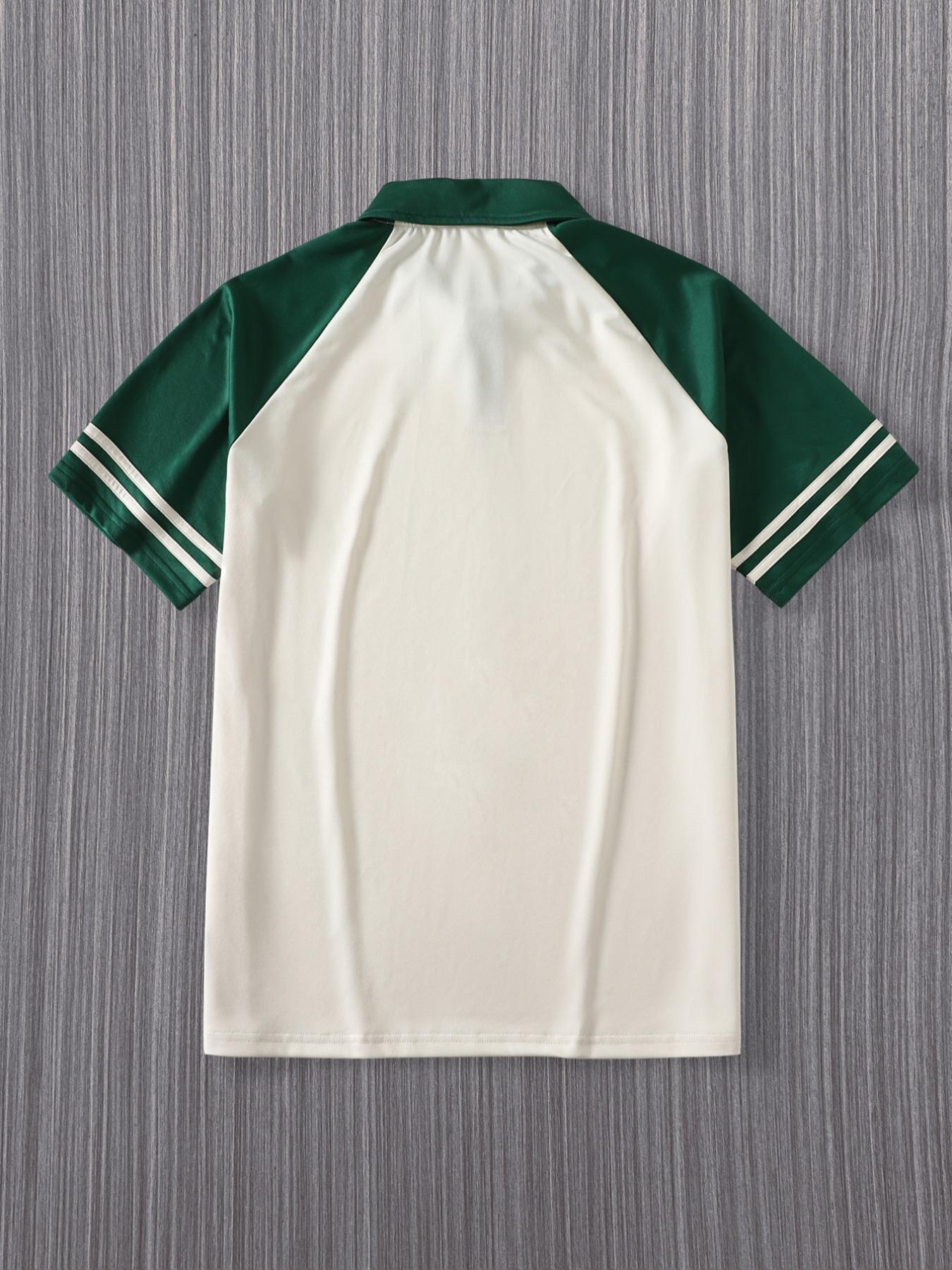 American Vintage Colorblock Shoulder Pad Polo Shirt, College Style Striped Short Sleeve, Casual Sporty Contrast Top, Unisex Loose Fit