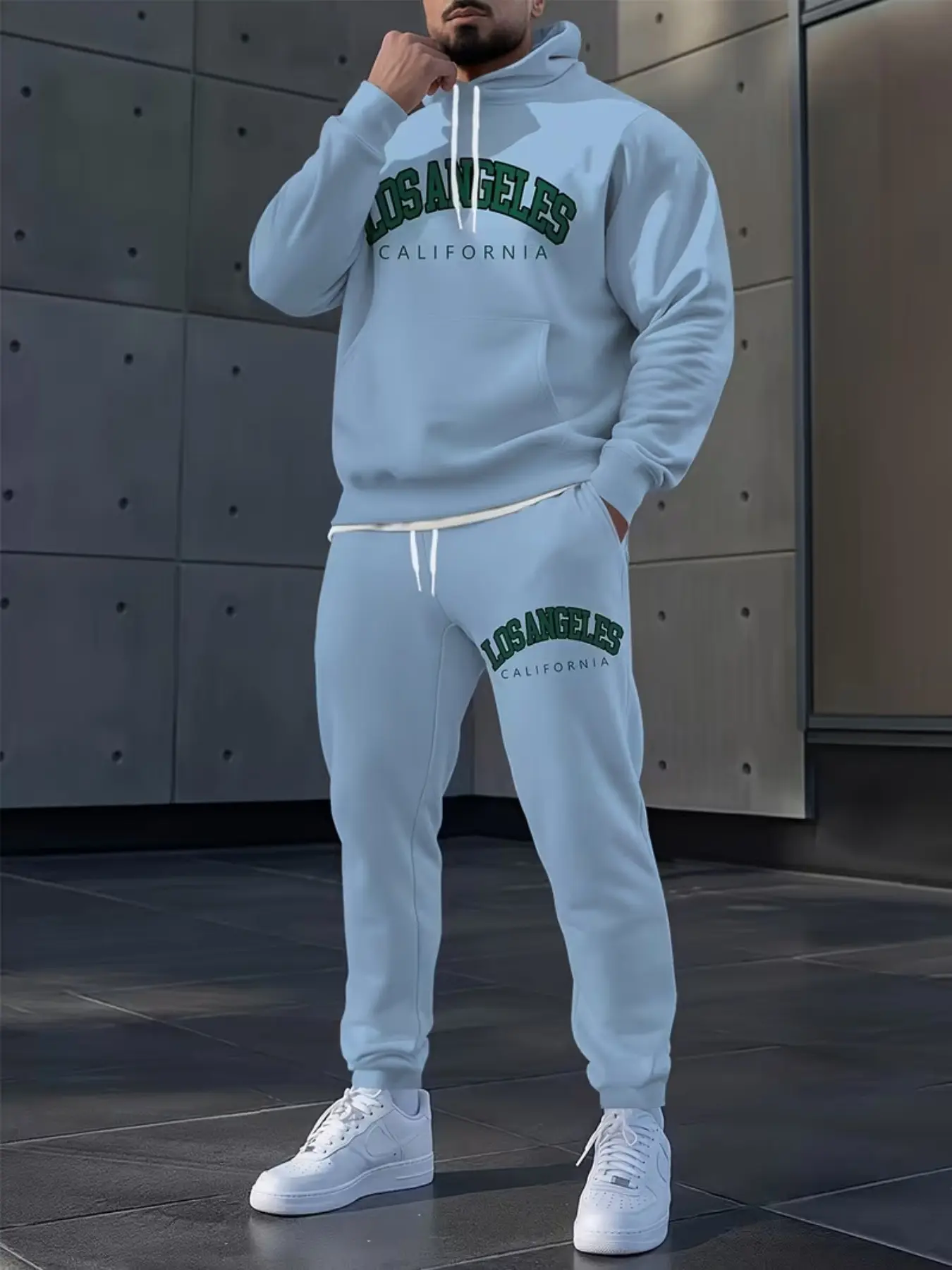 Blue Patchwork Full Print Hoodie + Sport Pants Set, Letter Print Sweatshirt, Casual Long Pants with Pockets, Fall Winter