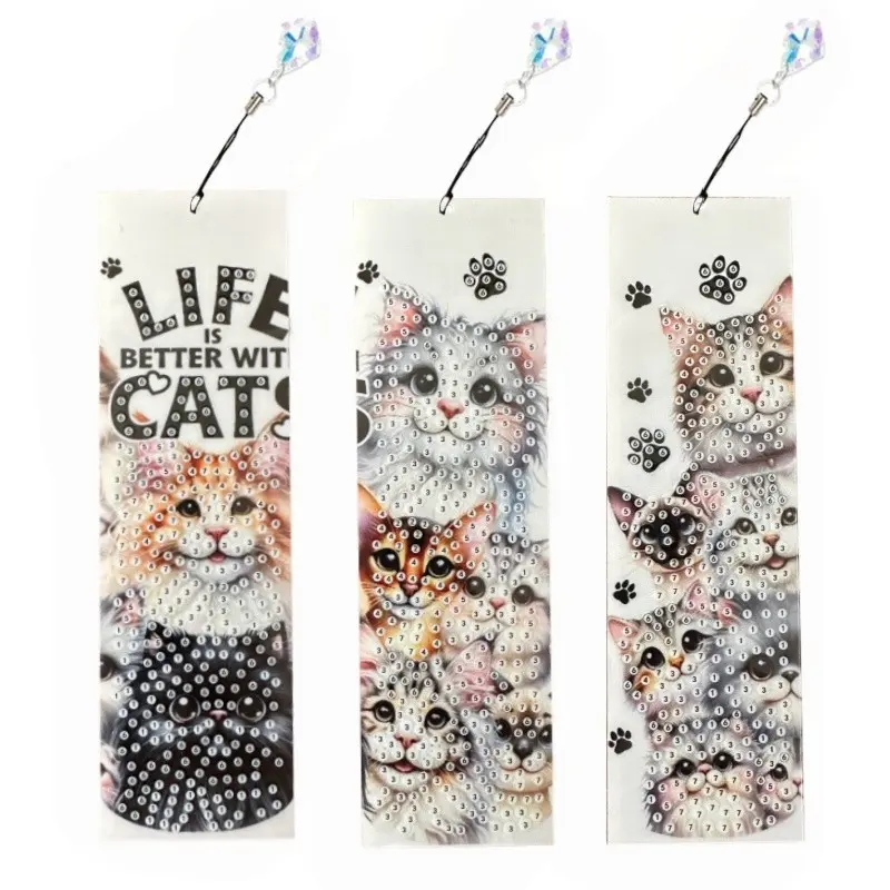 3-piece set of diamond painting art bookmarks - Cute cat patterns, 5D irregular diamond painting bookmarks and pendants, DIY handmade home and office supplies reading bookmarks, Acrylics Craft Decor