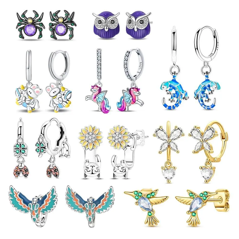 Animal Series 925 Sterling Silver Gecko Spider Owl Butterfly Cat Swallow Unicorn Earrings Women's Fine Jewelry Gifts