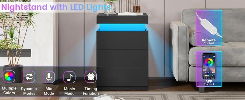 Sikaic 2PCS Nightstand with LED Lights Charging Station Black