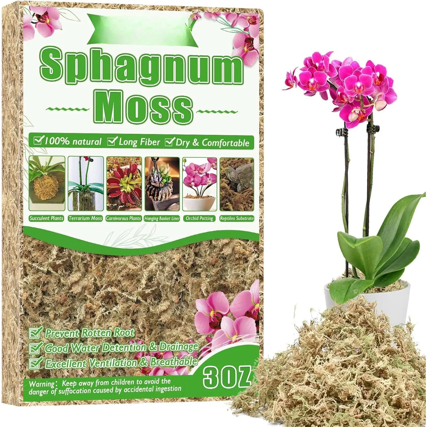 4 qt Sphagnum Moss for Indoor ,  Dried Long Fiber Moss for Orchid Repotting, Carnivorous , , Monstera, Flower & Reptile Terrariums Habitats (3 oz)