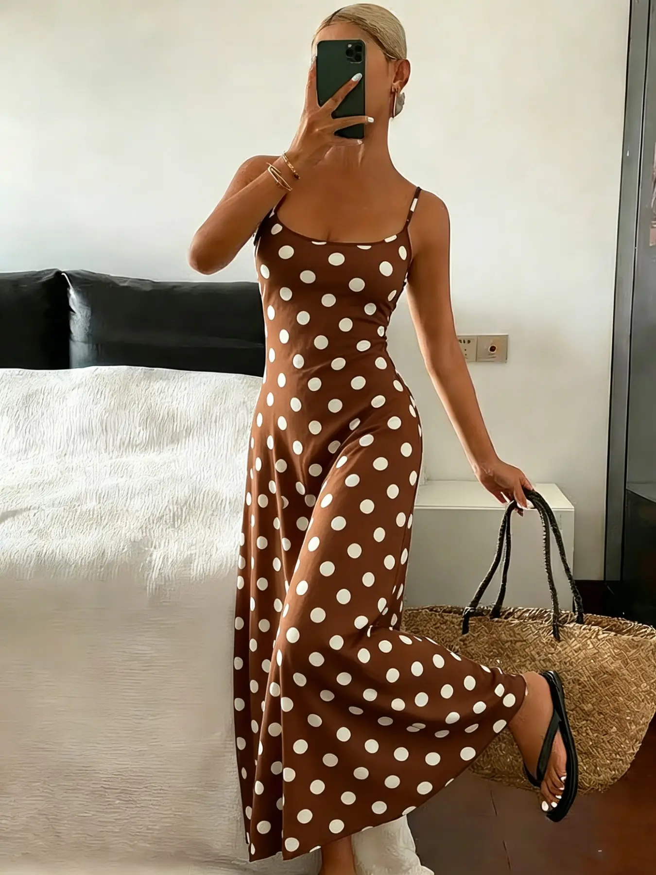 1 piece of spring and summer polka dot printed spaghetti strap home dress/casual wear/essential sleepwear for vacations.