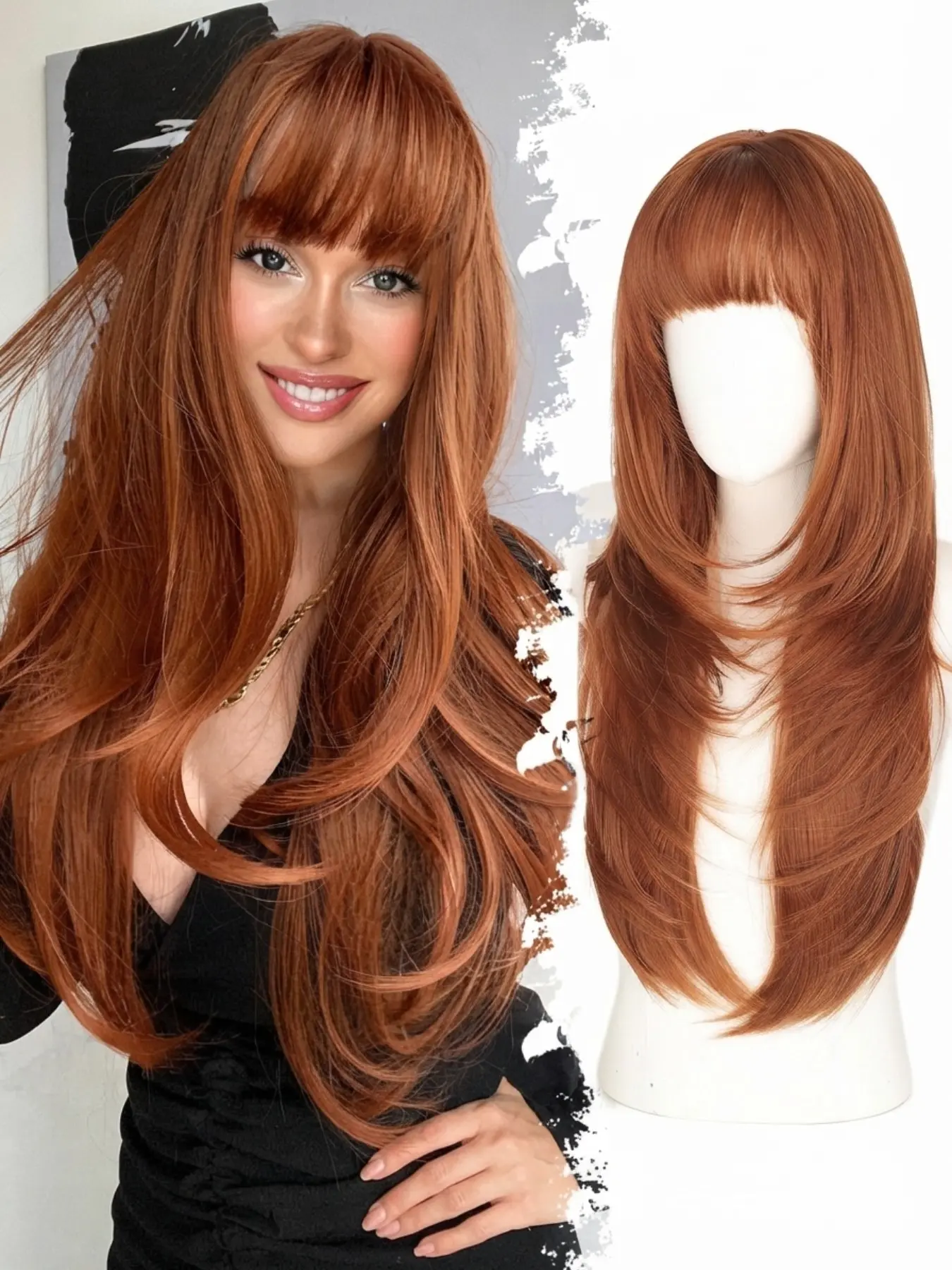 26" Long Layered Copper Red Wig with Bangs, Full Volume Synthetic Hair, Natural & Realistic Look, Heat-Friendly, Breathable & Comfortable Cap, Ideal for Daily Fashion, Costume, and Quick Style Change, No Lace Needed, Party Wigs
