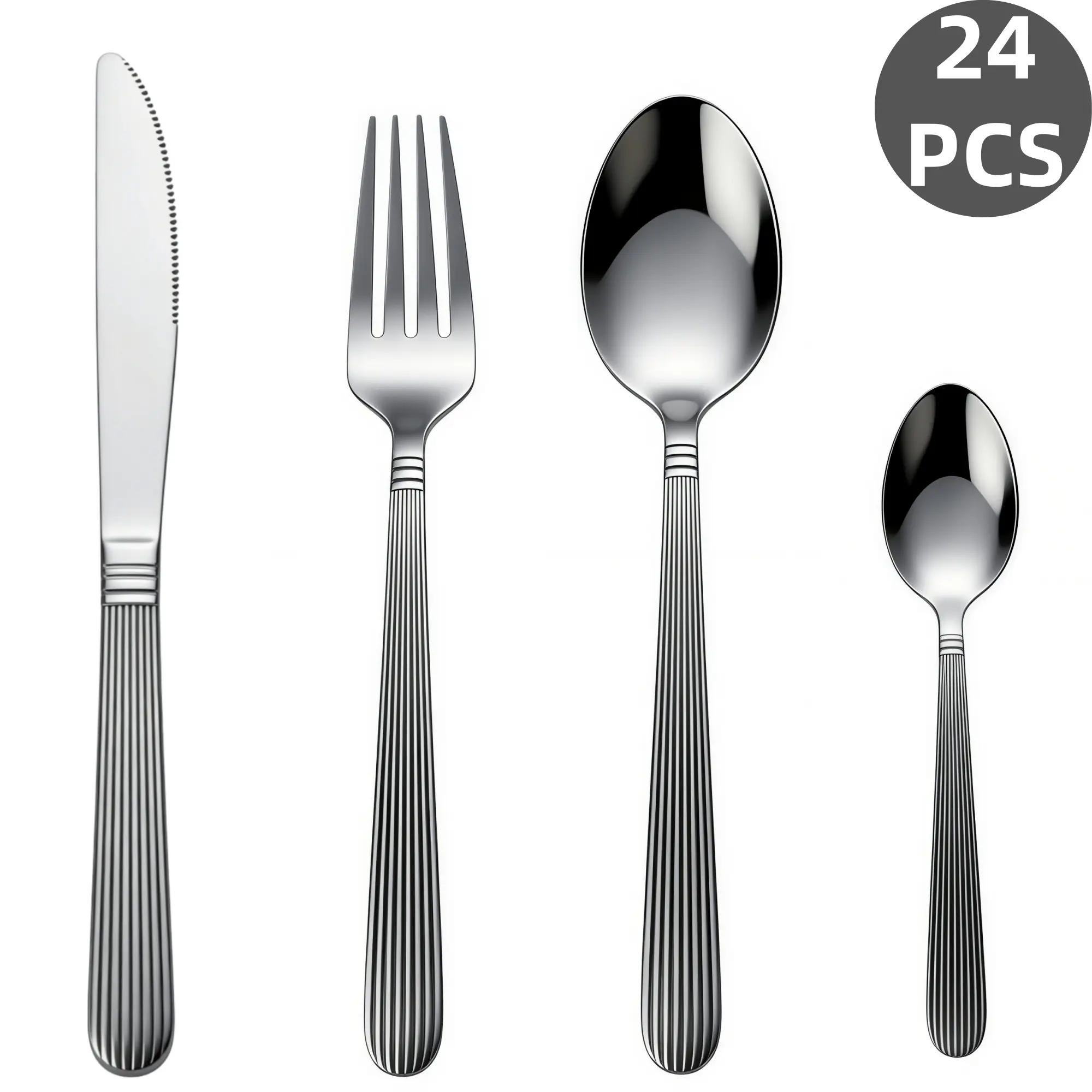 24Pcs Classic Vertical Ribbed Striped Handle Stainless Steel Cutlery Set, Mirror Polished Silverware Flatware, Rustproof Dishwasher Safe, Ideal for Home Kitchen, Family Gathering, Restaurant & Holiday Gifts