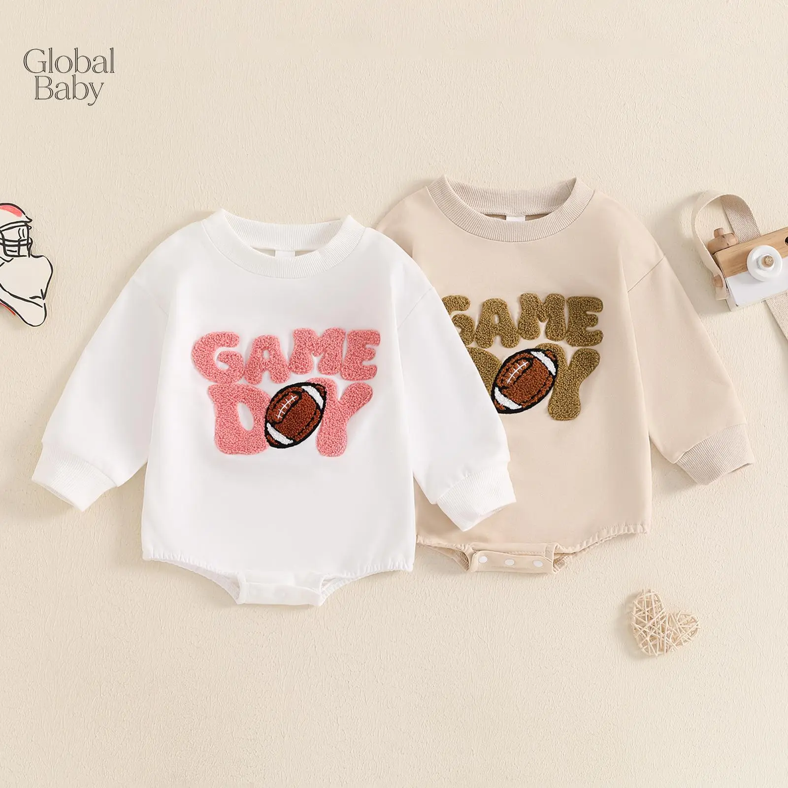 Neutral Sport Theme Toddler Long Sleeve Onesie White Cream Beige Game Day Terry Embroidery Football Patch Loose Oversized Fit Snap Crotch Lightweight Soft Fabric Spring Autumn