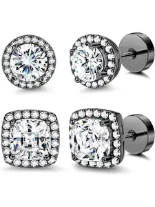 14K Flat Back Round Square Stud Earrings for Men Women Large Big Cubic Zirconia Stud Earrings Mens Earrings Flatback Earrings