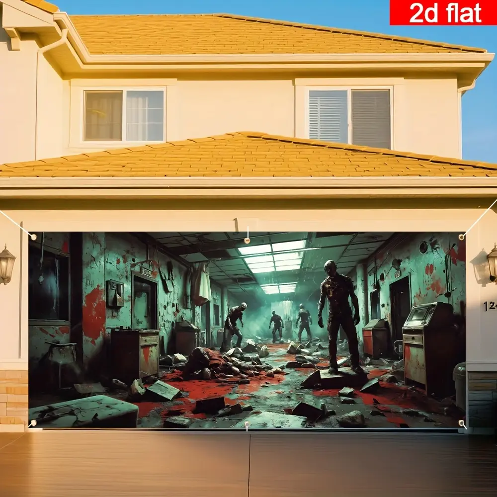 2D flat curtain, 2D door decoration banner, 1 set of zombie hospital horror banner, suitable for Halloween - terrifying garage door cover and decoration, creating an eerie atmosphere, zombie scenes, parties, carnivals