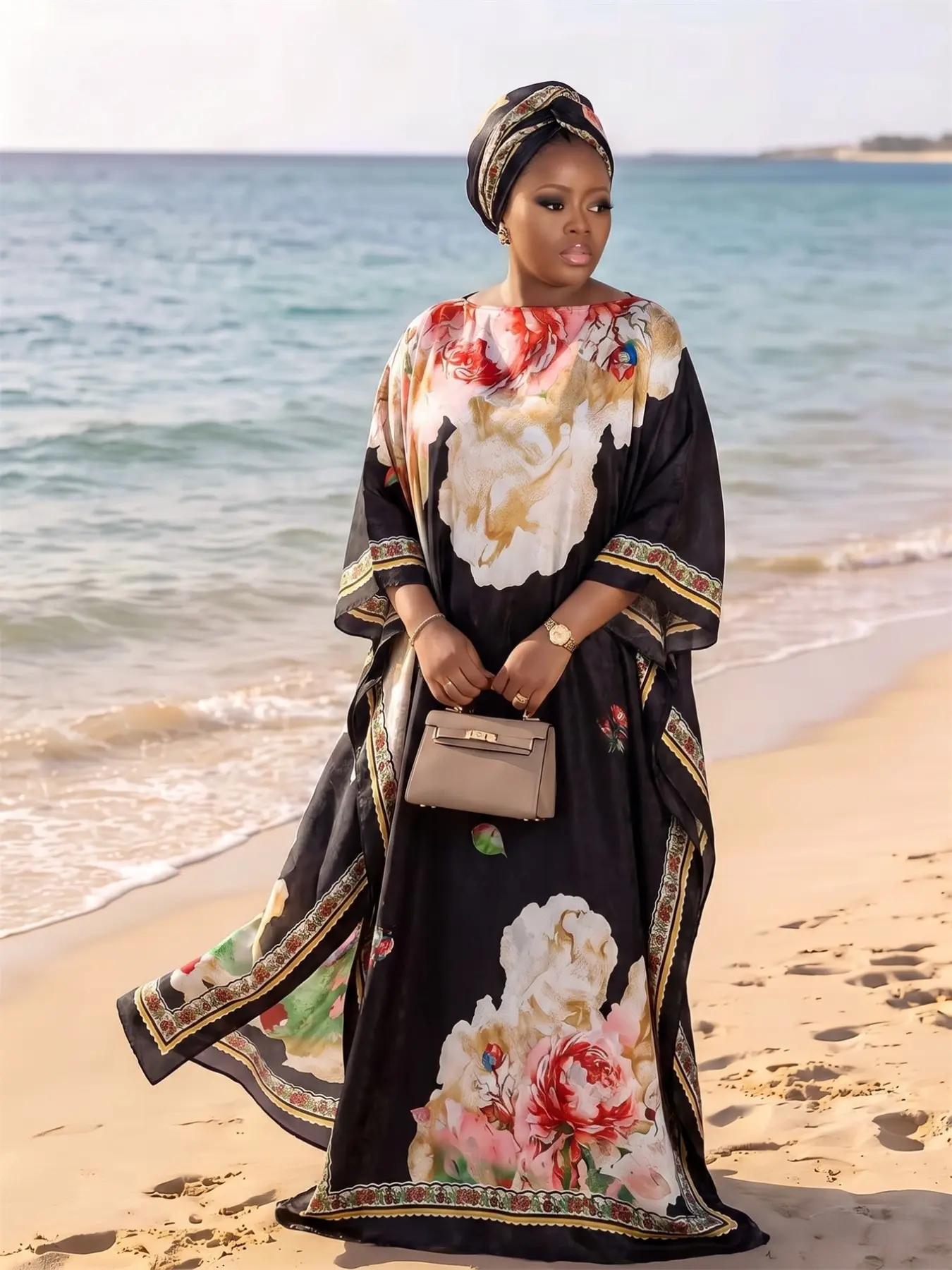 Women's Base Watercolor Rose Floral Kaftan Set, Maxi Dress and Matching Hijab, Sun-Protection Elegant Beachwear Accessory