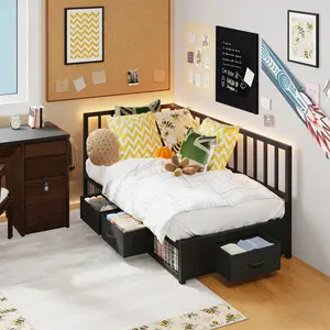 ARCH Twin Size Corner Daybed Frame with Storage Drawers and LED Lights, Metal Platform Bed Frame for Bedroom, Space-Saving Corner Bed Frame with Built-In Storage, Black, Bedroom Furniture for Bedroom, Guest Room, Kids Room, Teen Room