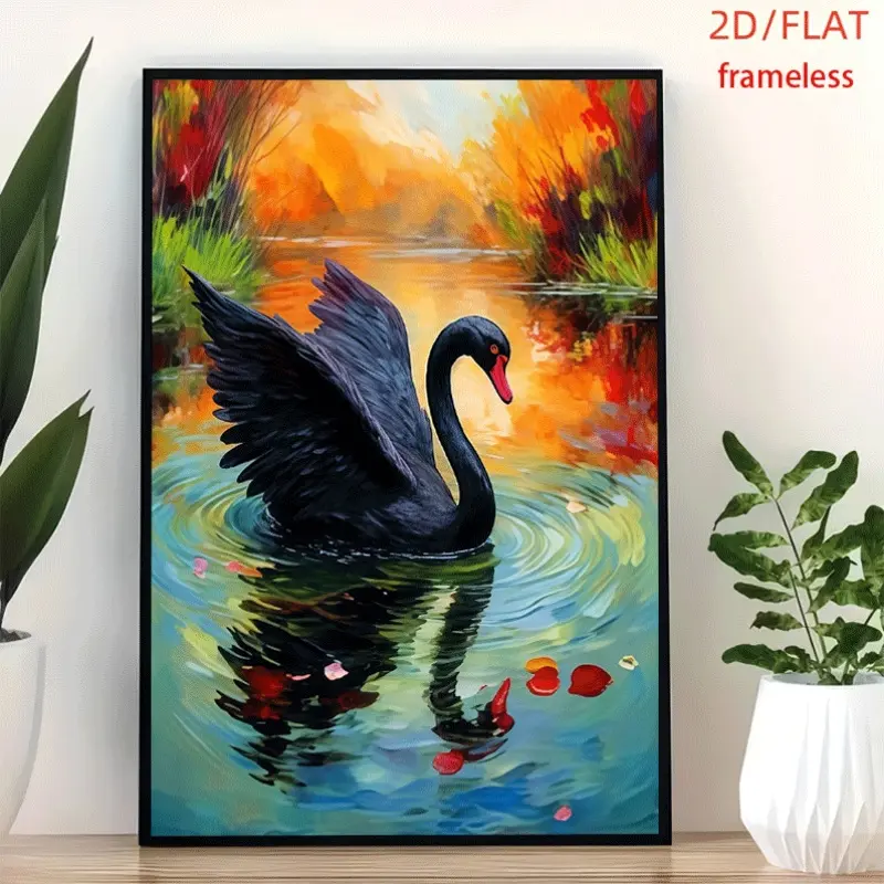 frameless Black Swan Glides On Golden Stream Art Decor Print Poster, Wall Art for Living Room, Bedroom, Office, Dining Room & Bar, Perfect Gift & Home Decor, 12in x 16in