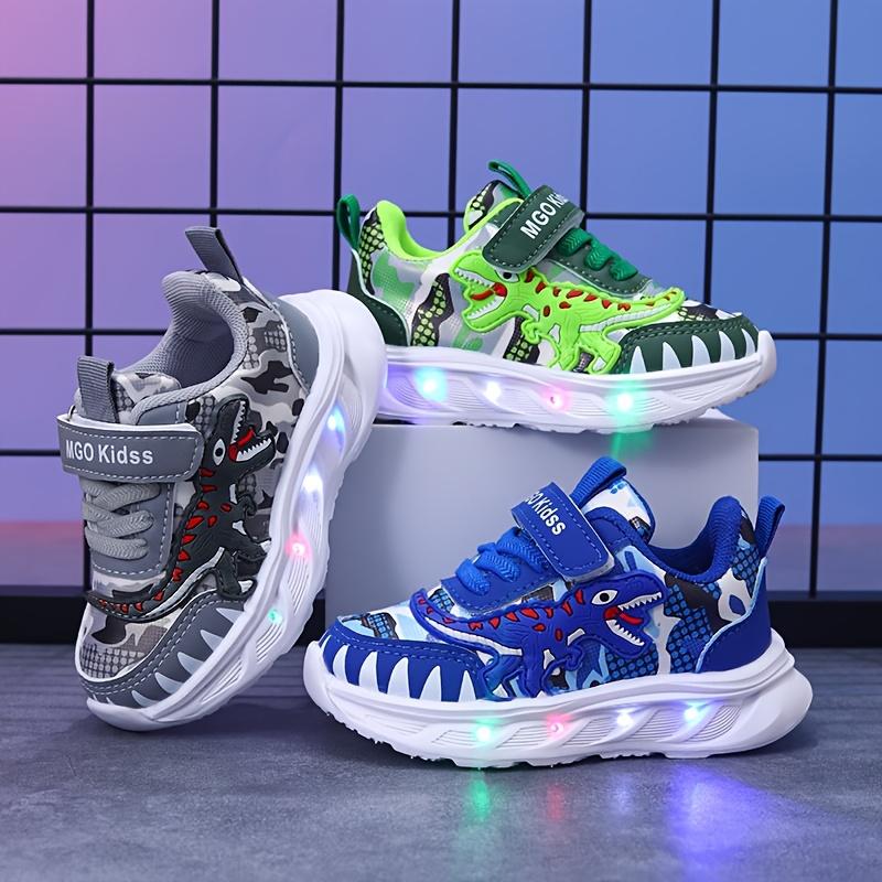 Youngsters' LED Dinosaur Sneakers - Boys' Glow-in-the-Dark T-Rex Sneakers with Flashing Lights, Camouflage & Solid Patterns, Hook-and-loop Fastener Closure, Ages 1-6, Perfect for Casual Play,  Dinosaur Themed Shoes |         Durab High Top Kid