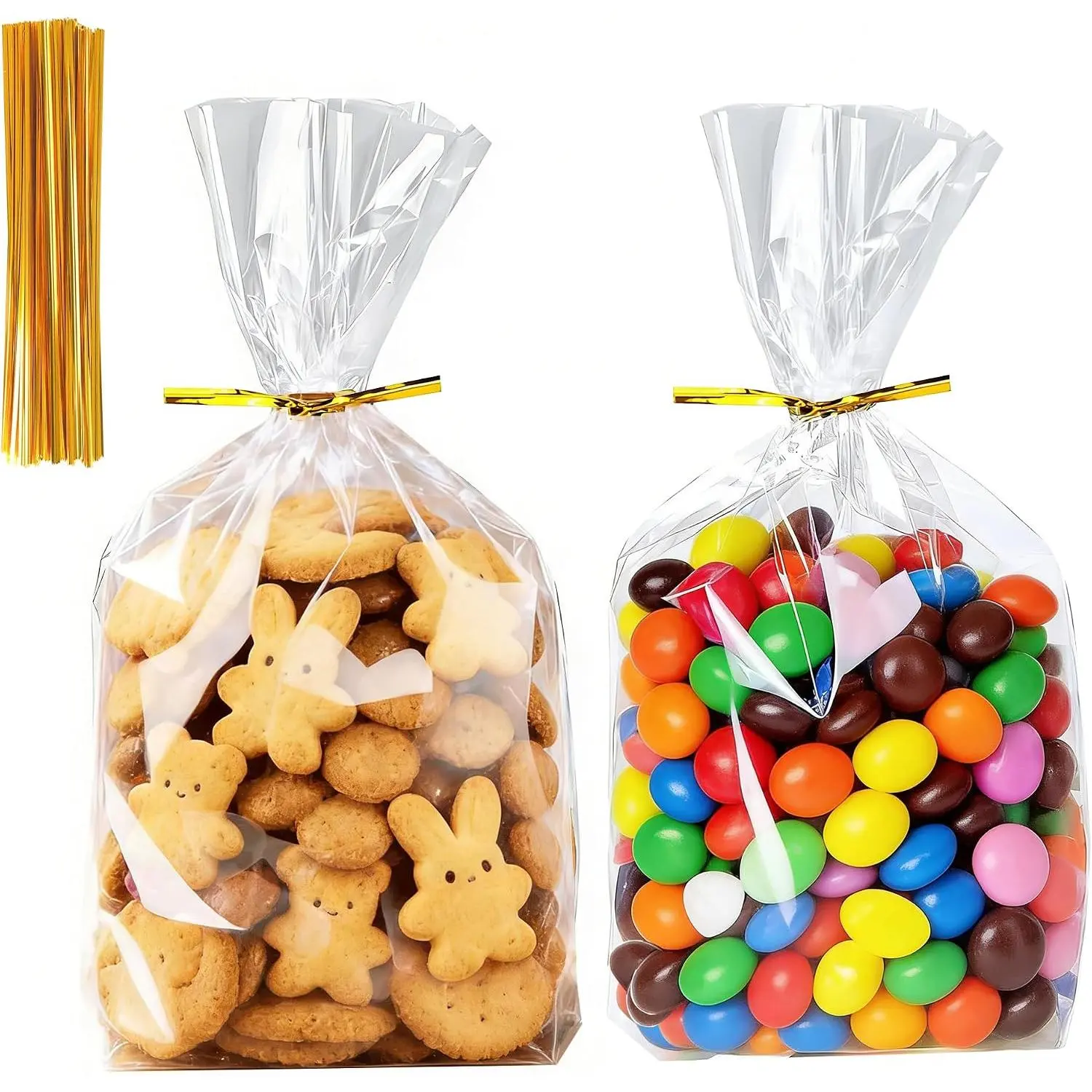 Cellophane  Bags 6x9x2.4 Inch - 50 count Clear Goodie Bags with Bottom Gusset for Stand-Up Display, Small Plastic  Wrap for Candy, Cookies, Party Favors, Popcorn, Includes 60  Ties