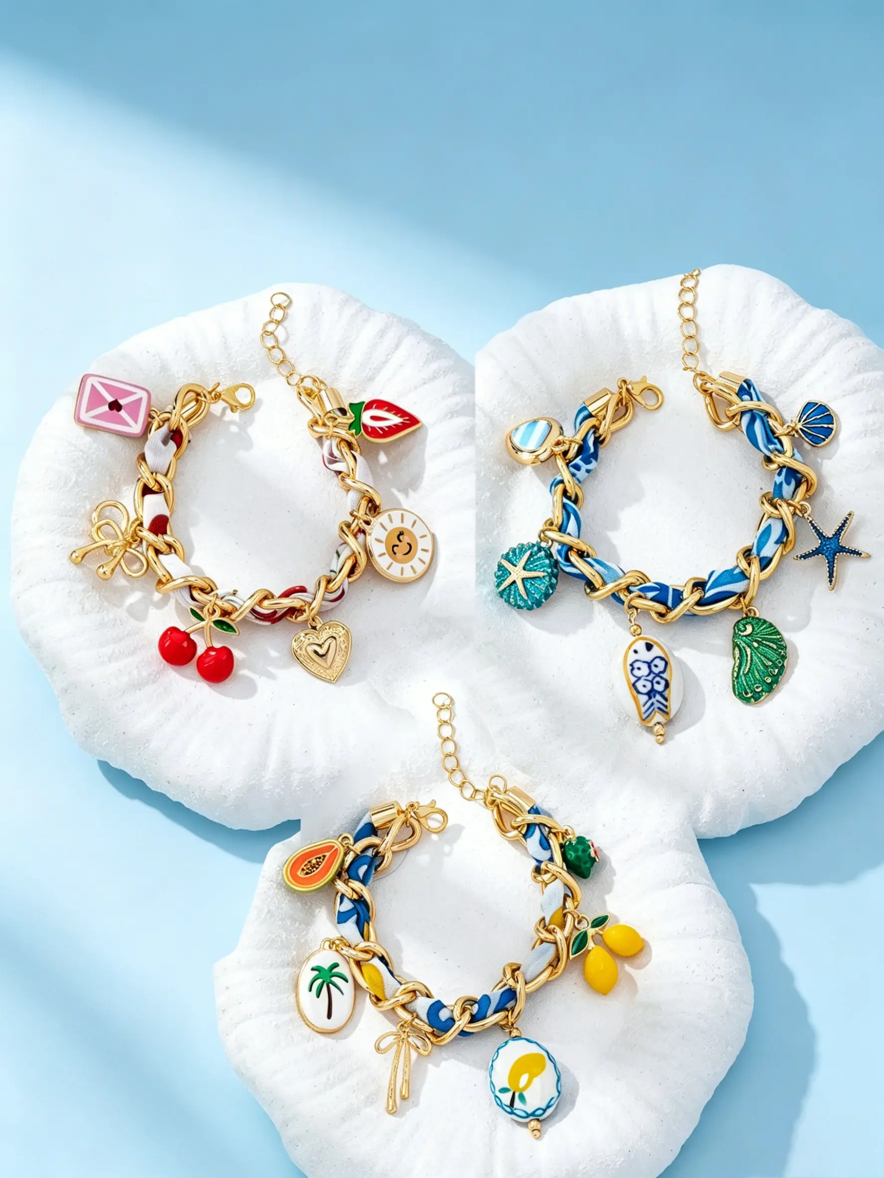 3 Pcs Summer Charm Bracelets Set, Cute Fruit & Ocean Theme Adjustable Bracelet, Beach Jewelry Gifts for Women Girls