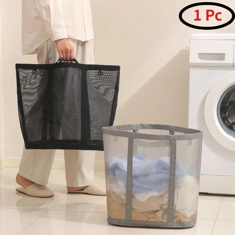 1 Piece Large Capacity Foldable Mesh Laundry Basket, Breathable Dirty Clothes Storage Hamper with Handle, Collapsible Washing Basket for Home