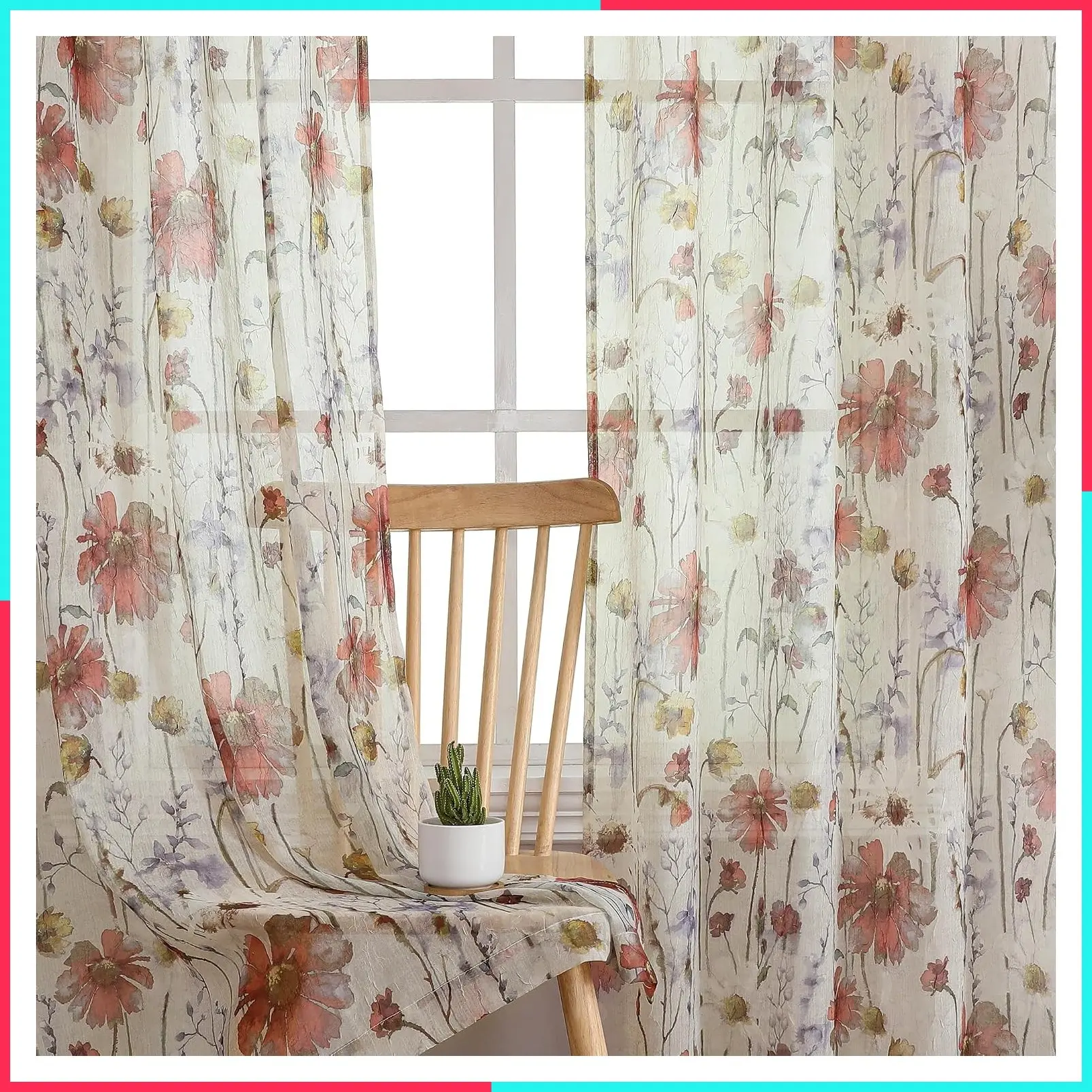 Crushed Sheer Curtains 84 Inch Length 2 Panels Set, Sheer Floral Print Drapes for Living Room, Rod Pocket Light Filtering Window Sheers, 42" x 84"