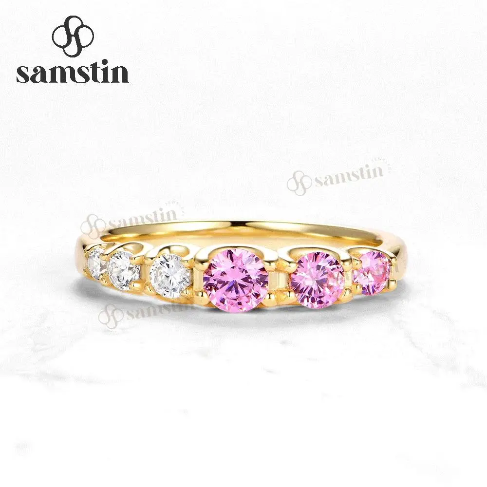 Samstin 0.72CTW Lab Grown Pink Sapphire Diamonds Ring for Women Solid 14K10K Yellow Gold Gemstone Ring for Anniversary Christmas