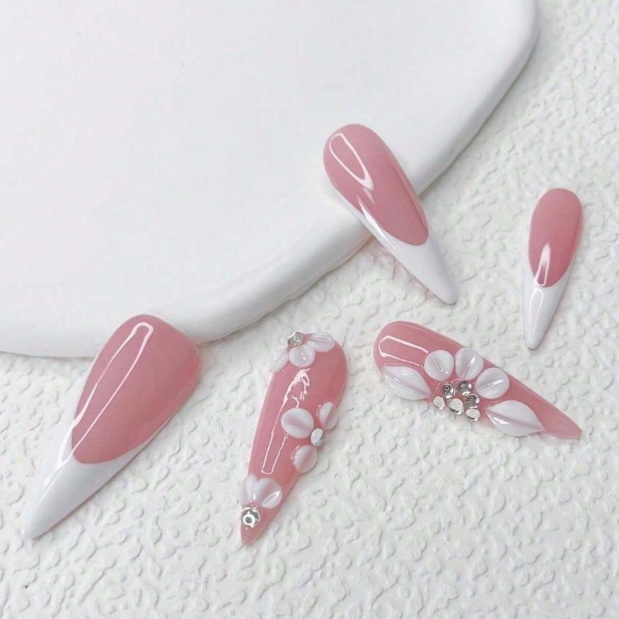Elegant French Long Almond False Nails, Nail Tips Art, 3D Flower Rhinestones, Acrylic Almond Shape, Perfect for Holidays & Daily Wear, Ideal Gift for Women & Girls