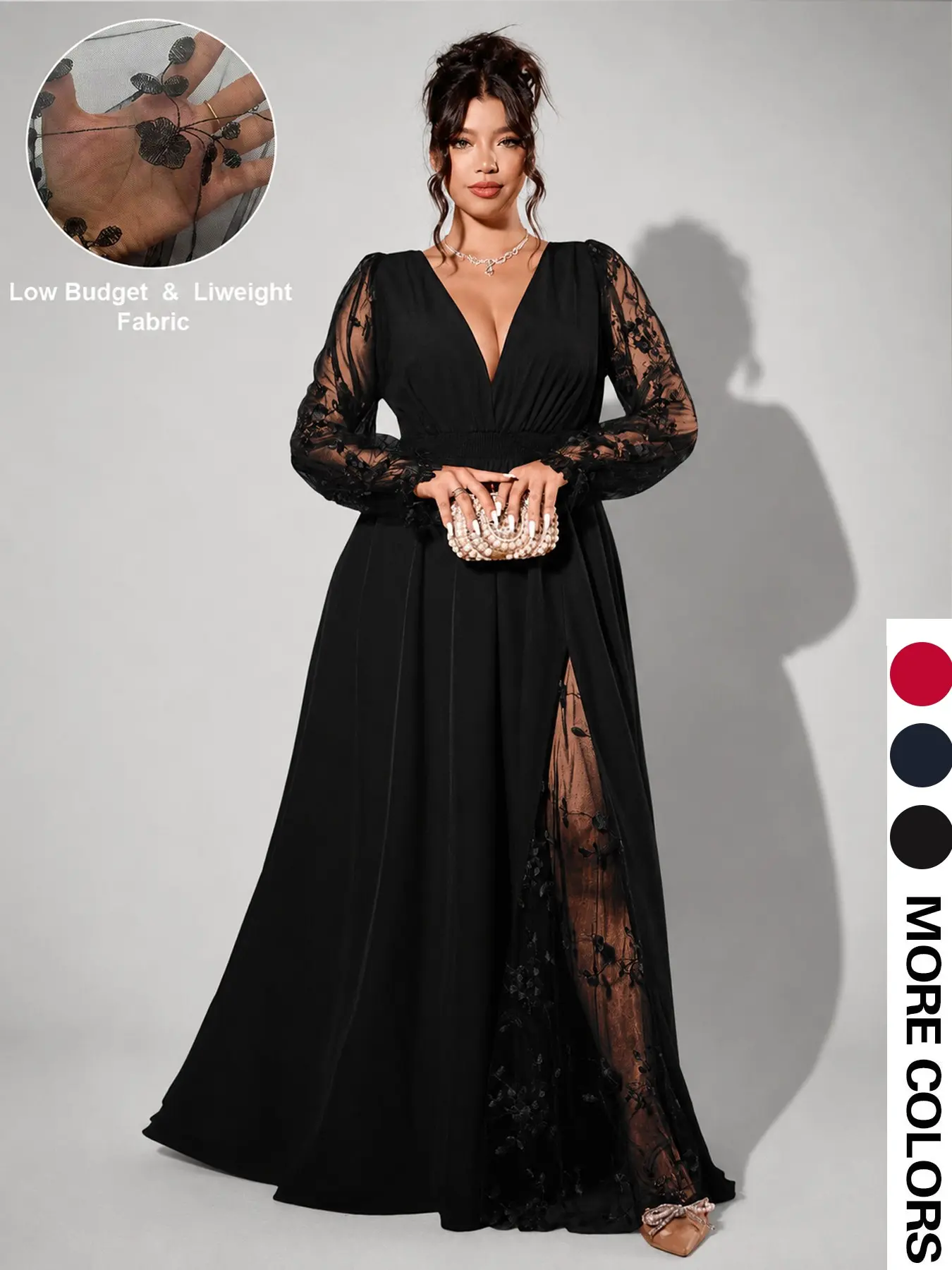 Plus Size Women's Lace Long Dress, Deep V Neck, Mesh Long Sleeve, A-Line High Split, Perfect for Wedding Guest, Graduation Dance, Dinner Party