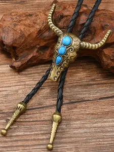 American Vintage Cowboy Bull Head Bow Tie Strap, Imitation Turquoise Inlaid Weathered Leather Rope, Necktie Accessory