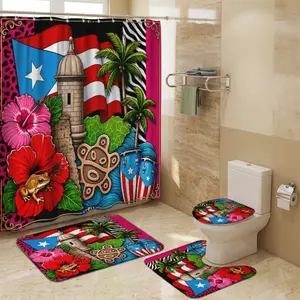 4pcs Puerto Rican Theme Bathroom Decor Set, Tropical Hibiscus Shower Curtain, Morro Castle Art, Cultural Flag Pattern, Vibrant Island Style, Bathroom Decoration Accessories
