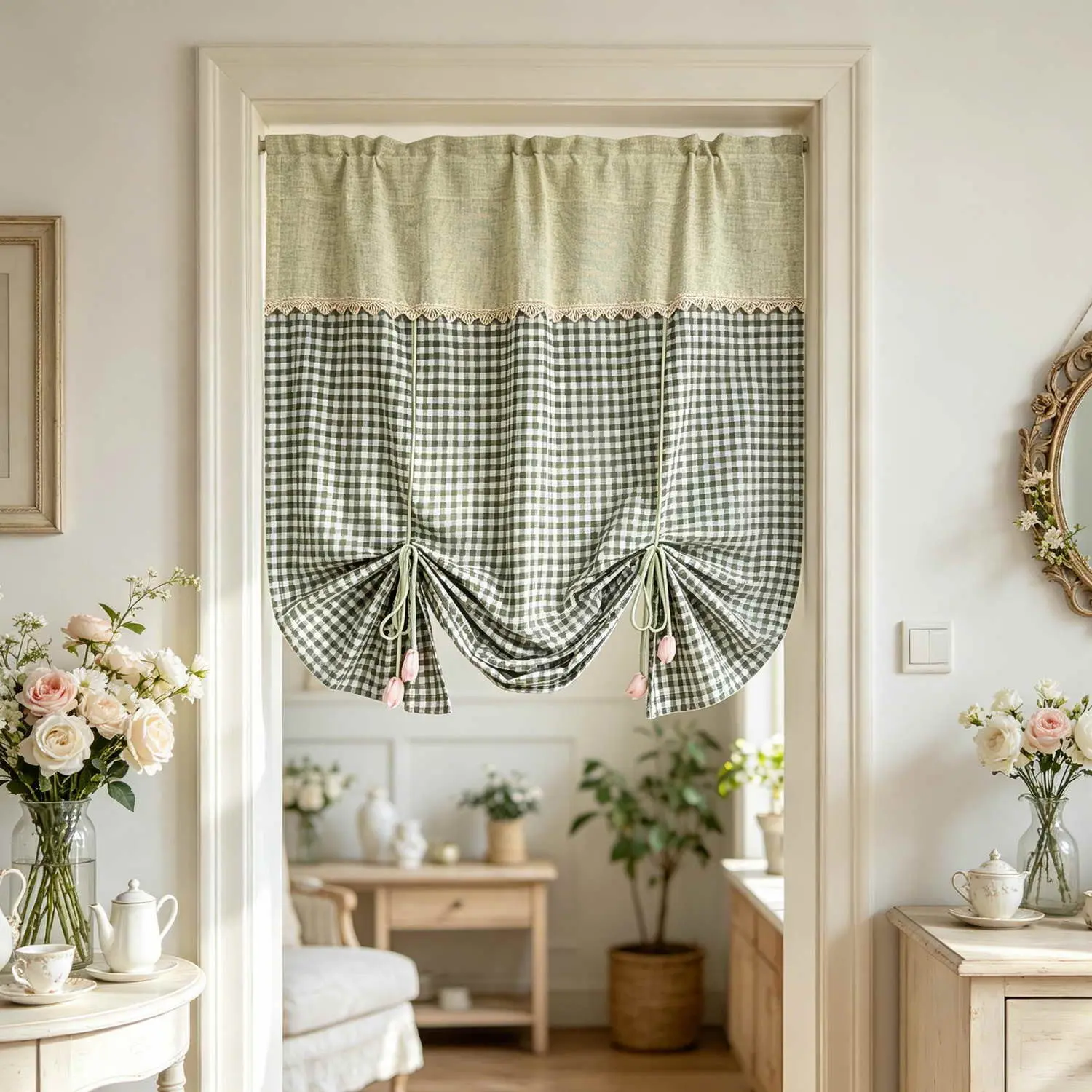 Green Red Gingham Tie Up Balloon Valance Curtain, Lace Trim Adjustable Semi Blackout Plaid Window Curtain with Tulip Pendant, Privacy Decor for Kitchen Bathroom Bedroom Small Windows, Window Drapes