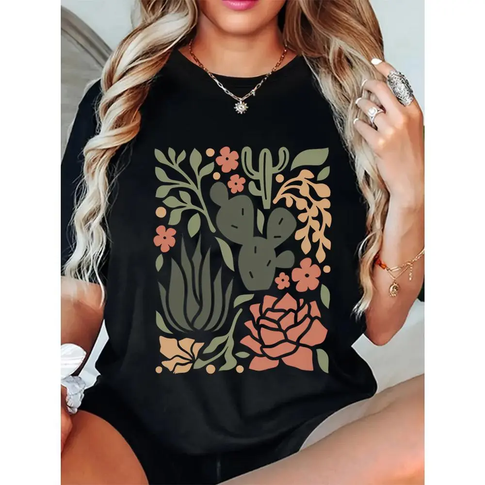 Men's Retro Cactus Graphic T-Shirt, Casual Baggy Cotton Top with Seamless Short Sleeves and Elastic Crew Neck, Ribbed, Fabric, Fit, Tshirt